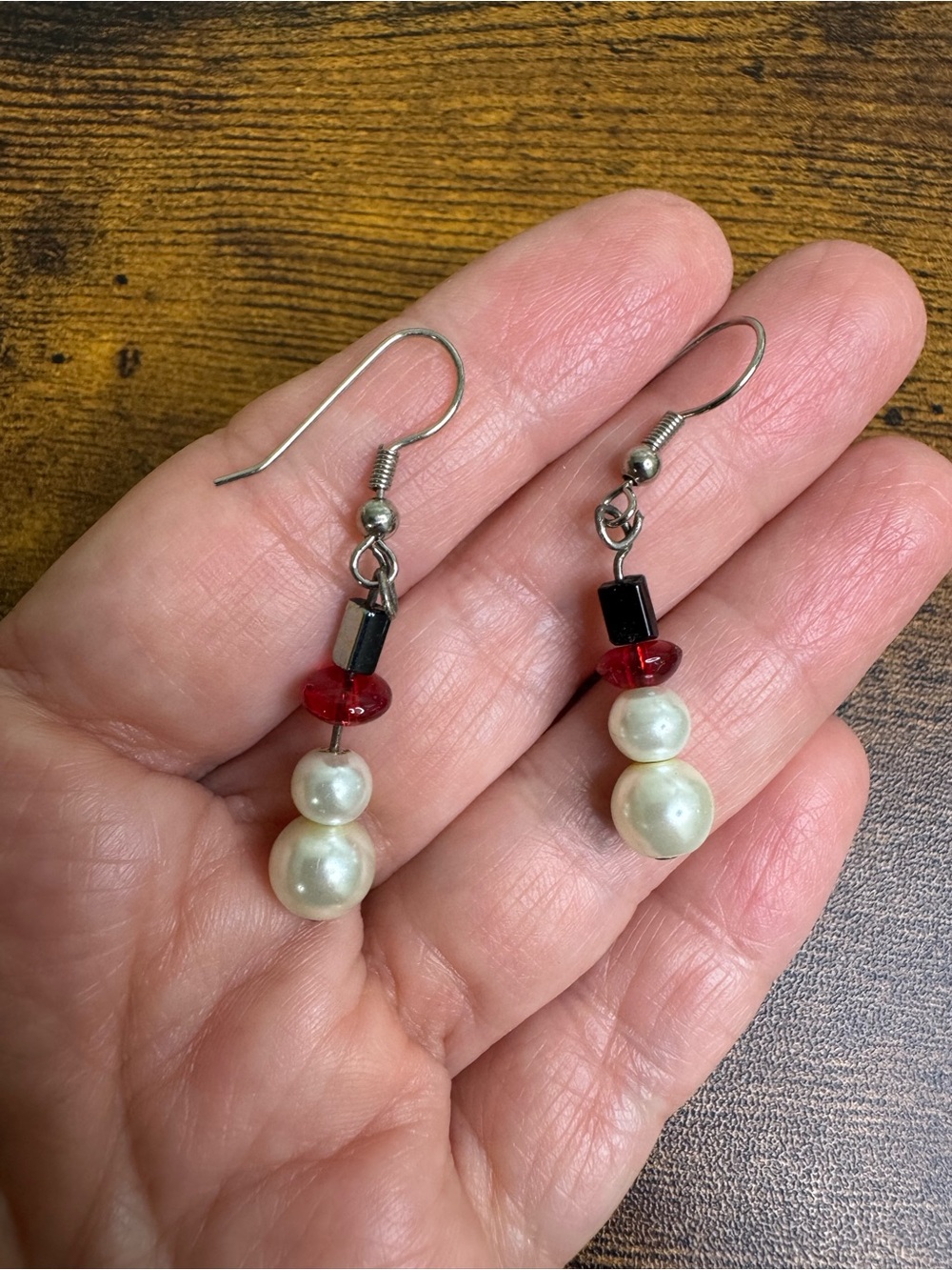 4/$20 Hand Crafted Pearl Drop Snowman Earrings with Red and Black Accents